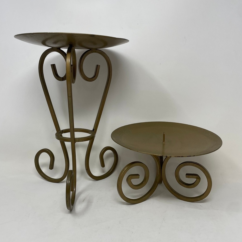 Vintage Gold Wrought‎ Iron Pillar Candle Holder Set Scroll Tripod Base 2 Piece